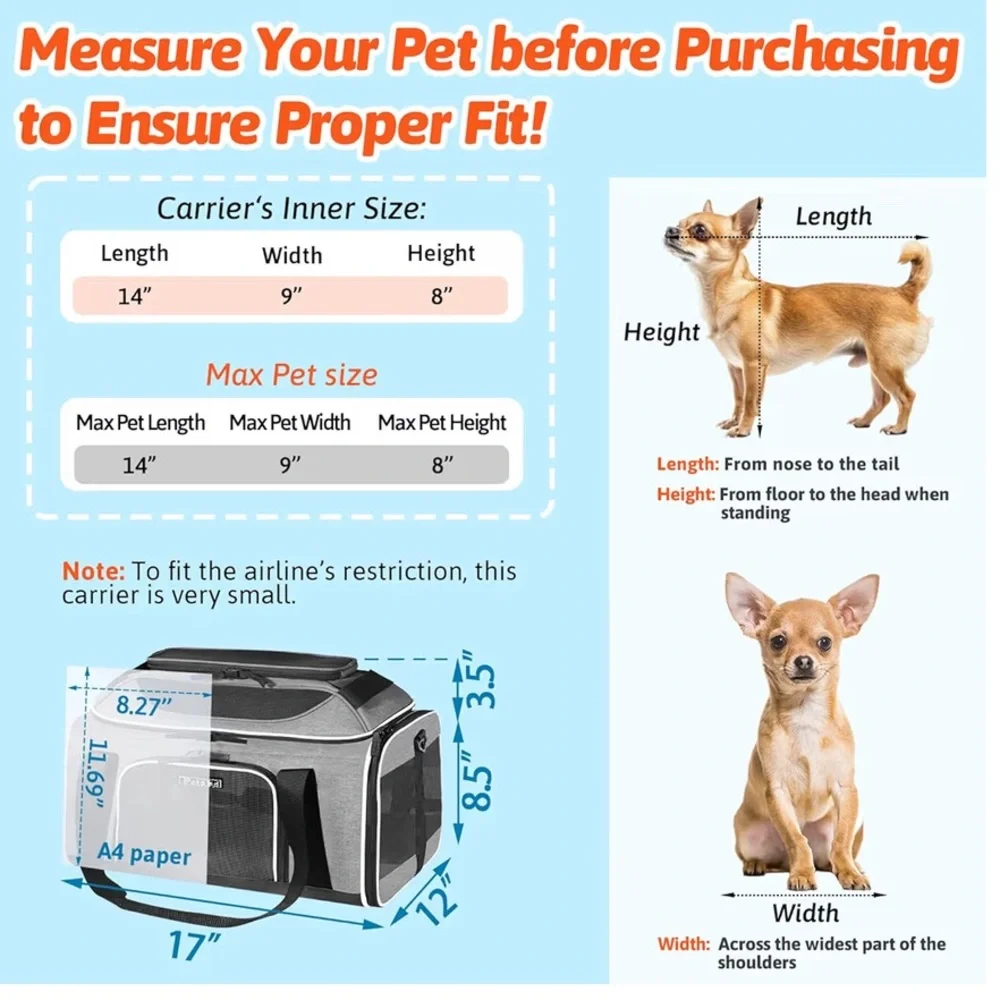 Petskd Gray Top-Expandable Soft-Sided Pet Carrier for Small Cats and Dogs NEW